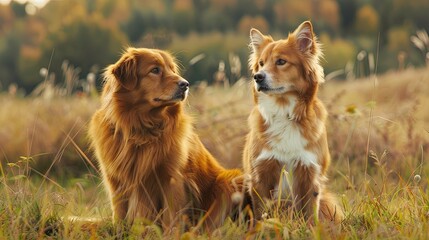 Naklejka premium Cat and dog sitting together on meadow. Freindship between tabby domestic cat and Nova Scotia Duck Tolling Retriever