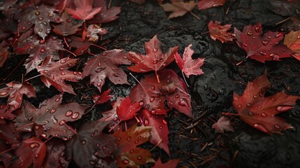 Red maple leaves resting on wet rocks