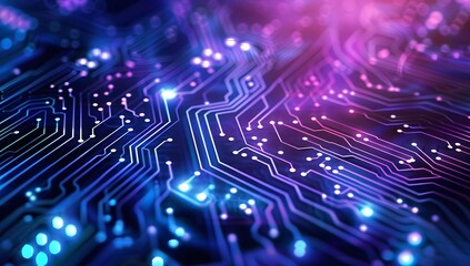 Obraz premium Abstract background with circuit board patterns and glowing lights, representing technology and data science in the digital age. 