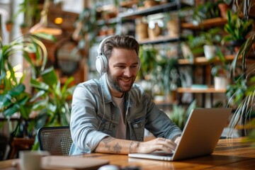Fototapeta premium Happy man seated with laptop and headphones