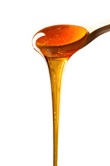 Honey dripping wooden spoon isolated on transparent background