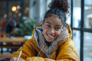 Woman in yellow jacket, table, headphones