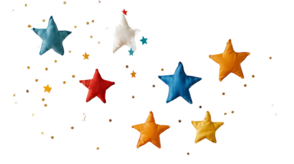 A collection of colorful star-shaped pillows on a white background