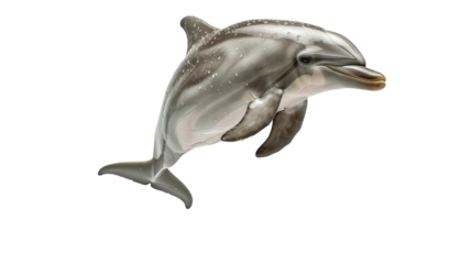 A grey dolphin leaps out of the water with its mouth open