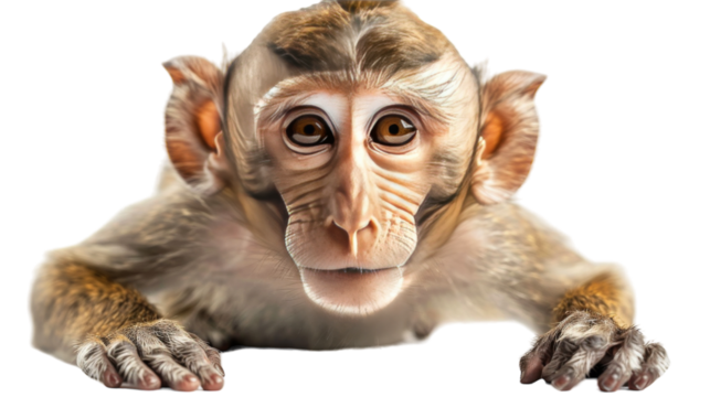 A young monkey looks directly at the camera with large, brown eyes