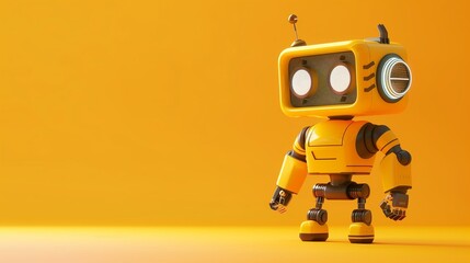 Robot development concept. Cute cartoon robot on a yellow background. Future technologies. Home assistant. Smart House. Business technology