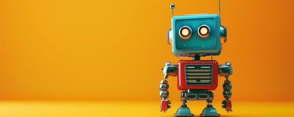 Robot development concept. Cute cartoon robot on a yellow background. Future technologies. Home assistant. Smart House. Business technology