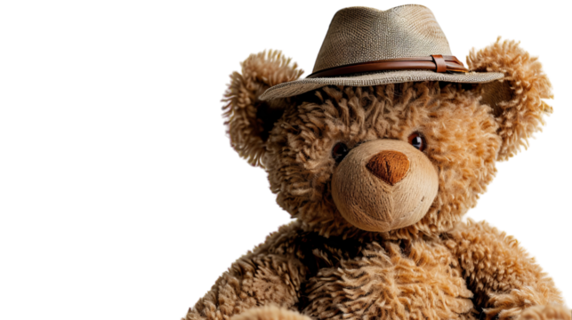 A close-up of a brown teddy bear wearing a straw hat
