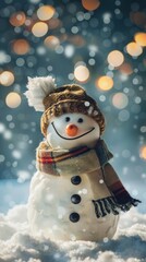 Snowman smiling under falling snow