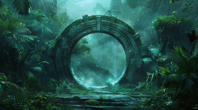 Stargate surrounded by dense jungle, leading to an alien world with vibrant flora, glowing plants, and mysterious creatures