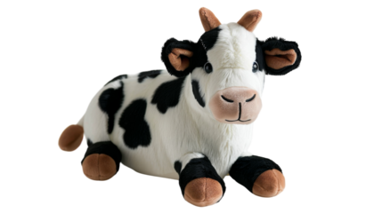 A black and white plush cow toy lying down on a white background