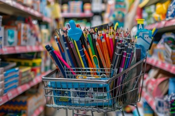 Close-up of shopping cart brimming with numerous pencils