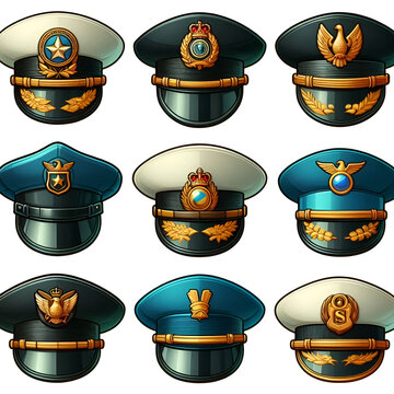 set collection of security guard hat of army general and high ranking police officer isolated on white background