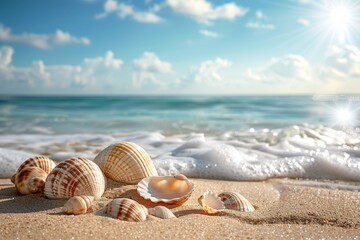 Seashells on coastal sand by sea