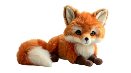 A red fox plush toy with white fur and brown paws lying on its belly