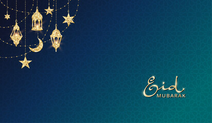 Eid mubarak banner with glitter decoration. Garland with hanging crescents, stars and lanterns. Golden islamic ornaments. Muslim holidays border, frame. Ramadan or Al-Adha background.