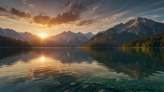 Experience the breathtaking beauty of a summer sunrise at Eib see lake, with the majestic Zugspitze Mountain range gracing the German Alps