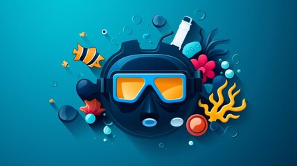 Vibrant snorkeling flat design top view summer underwater theme cartoon drawing Triadic color scheme