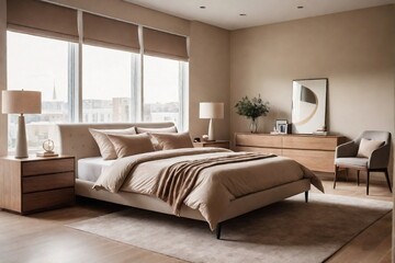 A sleek, bright, contemporary bedroom in a beige color theme with a comfortable bed, bedside tables, and large windows allowing natural light to flood in.