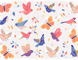 Obraz premium Create a pattern featuring various species of birds and butterflies, set against a clear sky