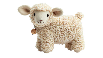 White plush toy sheep with wooden bell