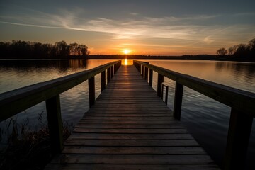 Obraz premium Tranquil scene of a wooden pier extending into a calm lake under a stunning sunset sky