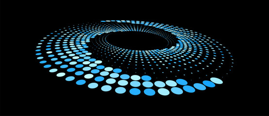 Abstract dotted vector background. Halftone effect. Circle dotted background or icon. Blue spiral with perspective.