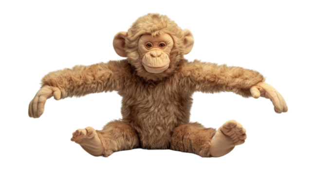 Close-up of a brown plush monkey toy sitting with its arms outstretched