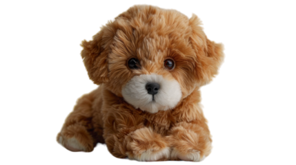 Plush toy of a brown puppy dog lying down