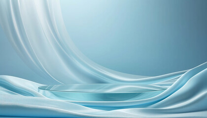 Empty glassy round podium. Front view. Mockup. A blue 3D rendered pedestal on a blue satin background, beauty stand cosmetic product advertising, minimal glass pedestal stag showcase platform 
