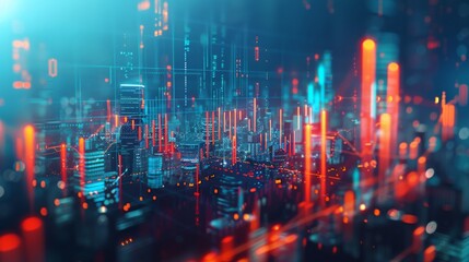 Fototapeta premium A vibrant, technology-infused cityscape with glowing blue and red lights, representing a digital futuristic world.