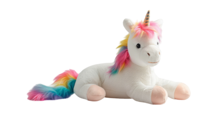 White plush unicorn with rainbow mane and tail lying down on a white background