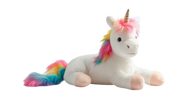 White plush unicorn with rainbow mane and tail lying down on a white background