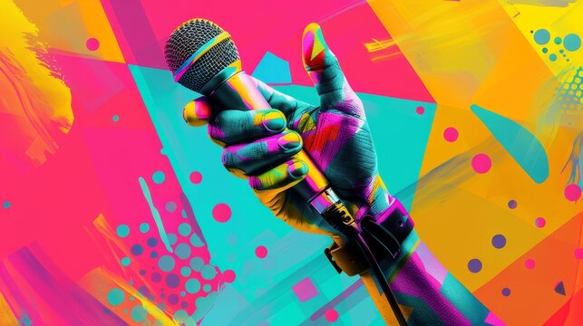 Vibrant Mic Abstract Hand Holding Colorful Microphone with Geometric Patterns Creative Concept for Music Communication Performance Art Dynamic and EyeCatching Stock Image - Powered by Adobe