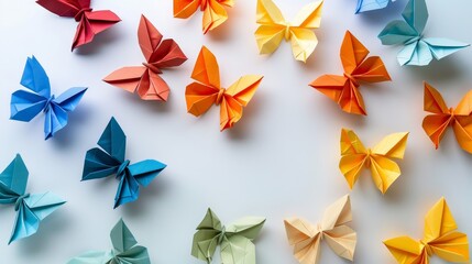 Vibrant origami butterfly shapes in assorted colors, arranged with copy space on an isolated white background, studio lighting