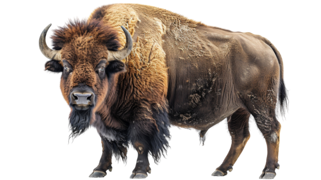 A large brown bison with shaggy fur stands on a white background