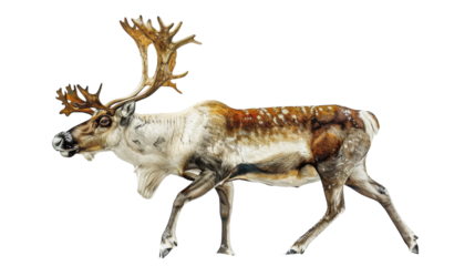 A reindeer with large antlers walks on a white background