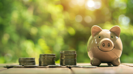 Close up of a piggy bank next to stacks of coins on a wooden surface with a green blurred background, symbolizing saving and financial growth.