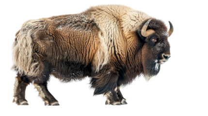 A large, brown bison standing in the snow with a white background