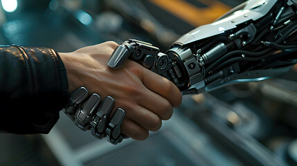 A close-up of a human hand and robot hand shaking hands, representing agreement or partnership, collaboration between humans and robots and artificial intelligence or AI