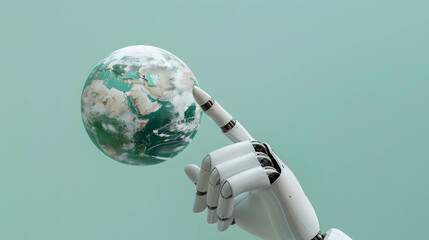 Using technology and AI in conjunction with environmental conservation and preservation, ecosystem and sustainability concept, robotic hand and beautiful globe