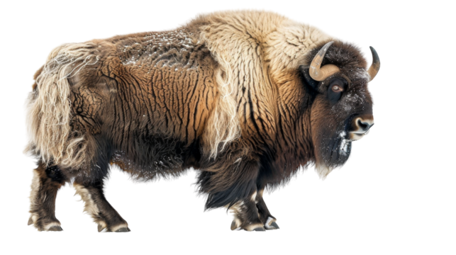 A large, brown bison standing in the snow with a white background