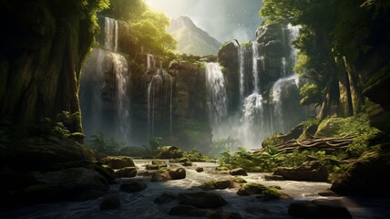 Stunning Natural Beauty: Cascading Waterfall Amidst Lush Greenery, Captured in Perfect Harmony with Nature's Splendor, Ideal for Nature Enthusiasts and Travel Inspiration.





