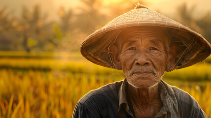 Fototapeta premium Elderly man with a weathered face and traditional straw hat, standing in a rice field during the golden hour, capturing the essence of rural life in Asia
