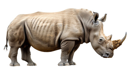 A white rhinoceros stands on a white background