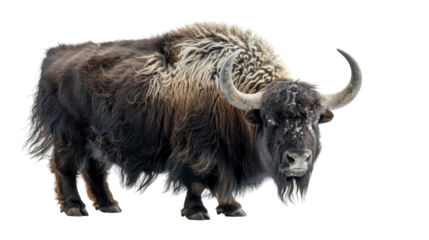A yak with black fur and a white patch on its back stands on a white background