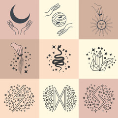 Set of magic symbols, celestial seamless pattern. Astrological, magical and esoteric symbols.