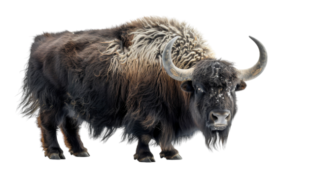 A yak with black fur and a white patch on its back stands on a white background