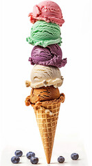 Towering ice cream cone with scoops of rainbow isolated on white background