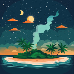 Descriptive Tropical island nighttime scene, palm trees silhouetted against starry sky, moon sun halfhidden clouds. Smoky wisps volcano under starfilled sky over serene beach, ocean waves lapping © Vectorvstocker